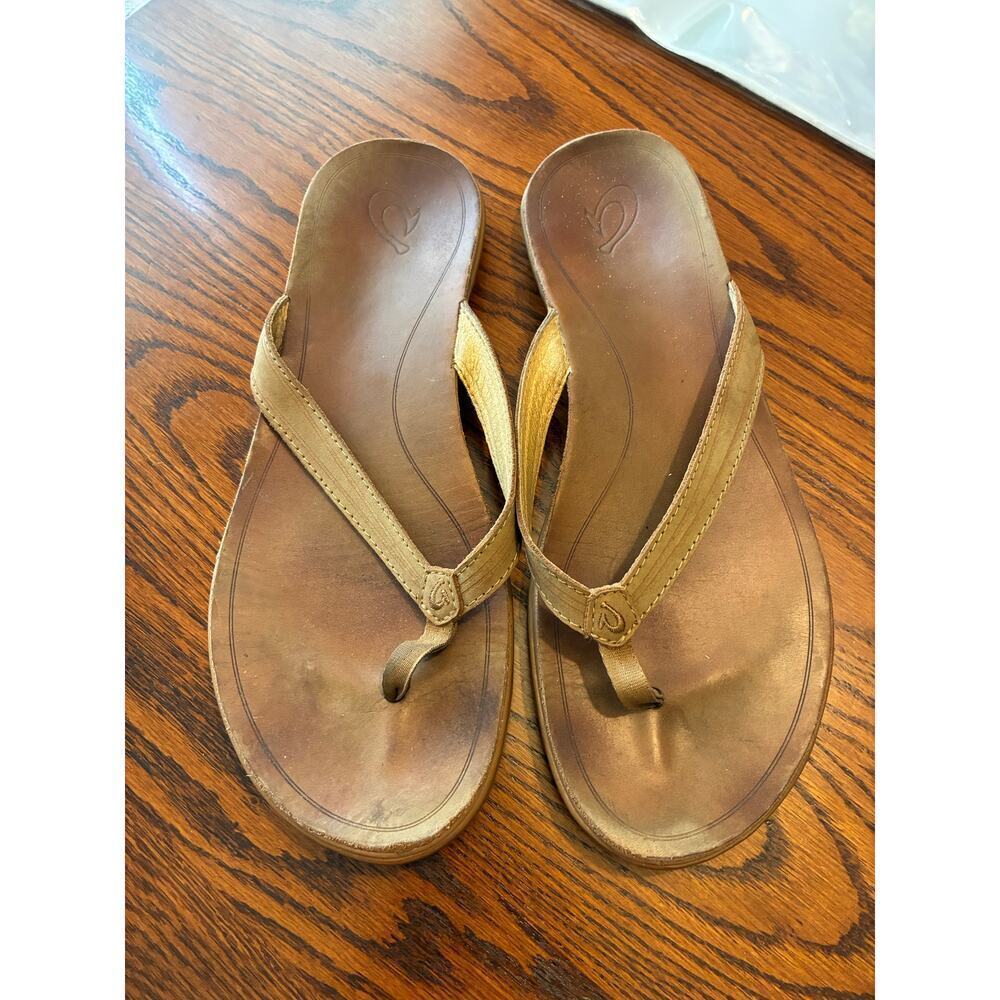 OluKai Women's Aukai Flip-Flop Thong Sandals Brown Gold Size 11